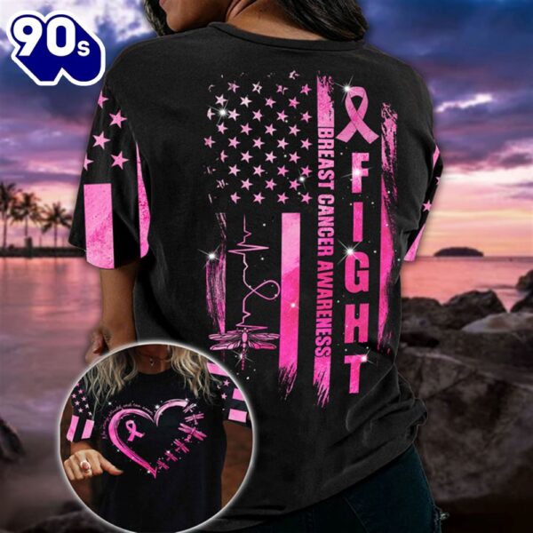 Christian 3D All Over Print Shirts Fight Pink Dragonfly Breast Cancer Awareness Vintage American Flag