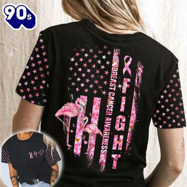 Christian 3D All Over Print Shirts Flamingo Fight Flag Breast Cancer Awareness Vintage American Flag