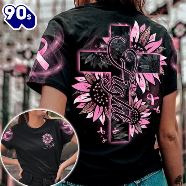 Christian 3D All Over Print Shirts Leopard Sunflower Cross Breast Cancer Awareness