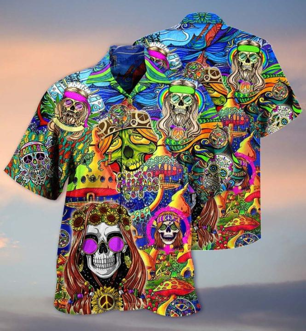 Colorful Skull Hippie Hawaiian Shirt- Beachwear For Men – Gifts For Young Adults