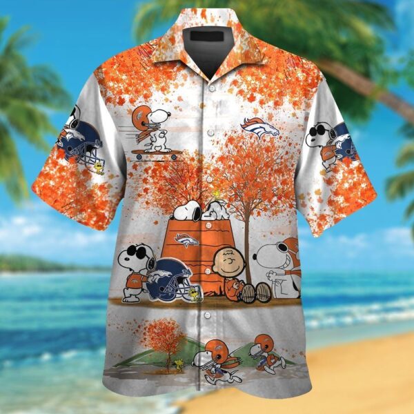 Denver Broncos Snoopy Autumn Short Sleeve Button Up Tropical Hawaiian Shirt