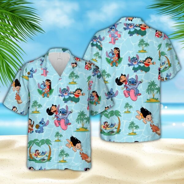 Disney Hawaiian Shirt Summer Beach Lilo And Stitch Playing Disney Blue Aloha Button Up Shirt