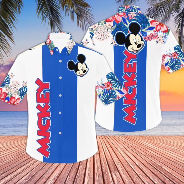 Disney Hawaiian Shirt Summer Beach Mickey Tropical Disney Blue White Aloha Button Up Shirt