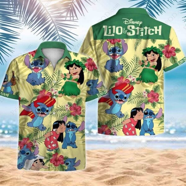 Disney Hawaiian Shirt Summer Beach Stitch And Lilo Disney Green Yellow Aloha Button Up Shirt