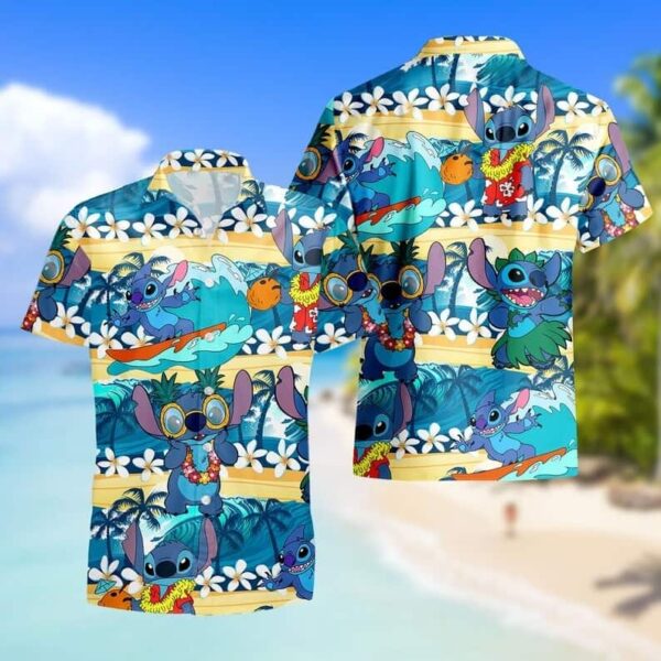 Disney Hawaiian Shirt Summer Beach Stitch Dancing Surfing Disney Aloha Button Up Shirt