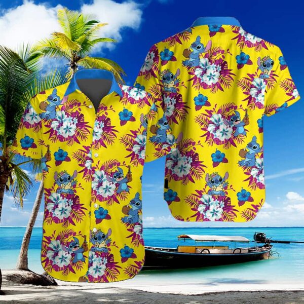 Disney Hawaiian Shirt Summer Beach Stitch Disney Tropical Flower Pattern Aloha Button Up Shirt