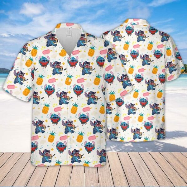 Disney Hawaiian Shirt Summer Beach Stitch Ice Cream Pineapple Pattern Disney Aloha Button Up Shirt