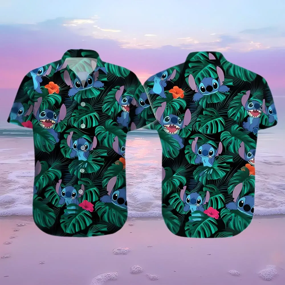 Disney Stitch Hawaiian Shirt Tropical Palm Leaves Beach Vacation Gift