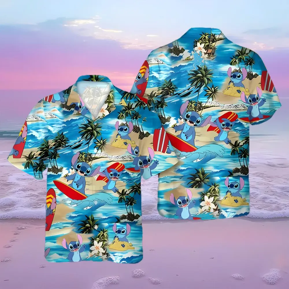 Disneyy Palm Tree Stitch Surfing Beach Hawaiian Shirt