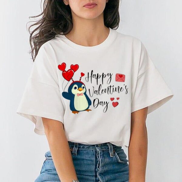 Happy Valentines Day Shirt Cute Penguin Heart Short Sleeve Tee Tops