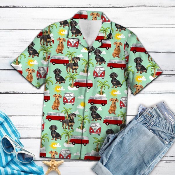 Hippie Hawaiian Shirt Dachshund Car – Beachwear For Men – Gifts For Young Adults