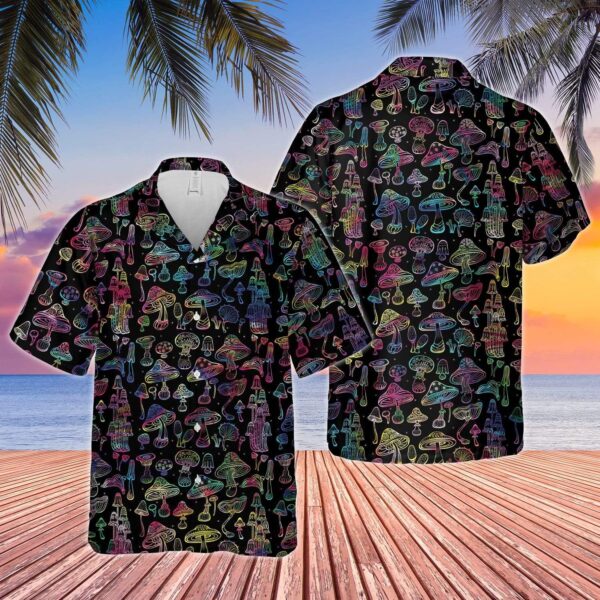 Hologram Mushroom Black Hippie Hawaiian Shirt – Beachwear For Men – Gifts For Young Adults