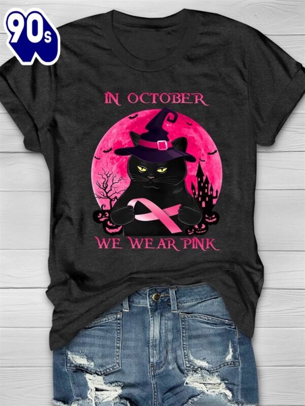 In October We Wear Pink Black Cat Horror Moon – Breast Cancer Awareness Shirt