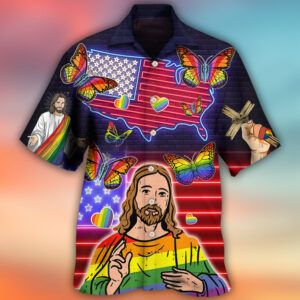 LGBT Independence Day Jesus Butterfly Neon Hawaiian Shirt 1