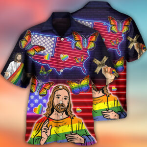 LGBT Independence Day Jesus Butterfly Neon Hawaiian Shirt 2