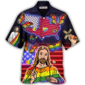 LGBT Independence Day Jesus Butterfly Neon Hawaiian Shirt 3