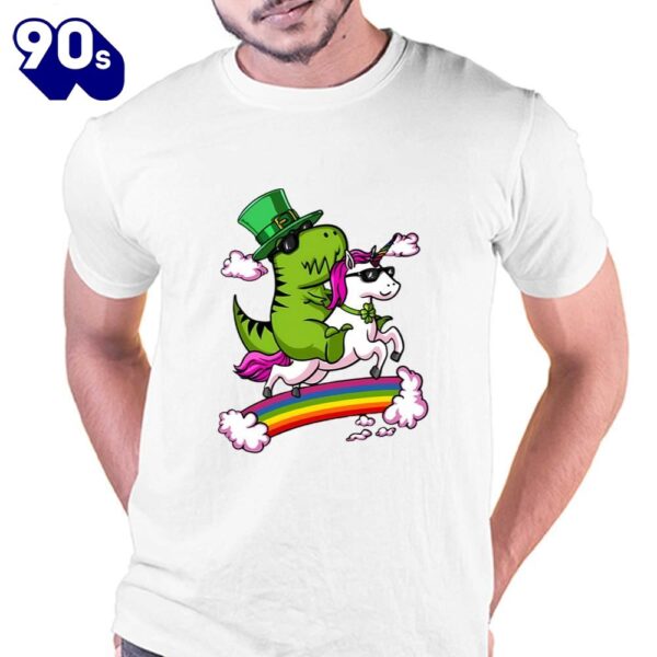 Leprechaun T-Rex Dinosaur Riding Unicorn St Patricks Day Irish T-Shirt