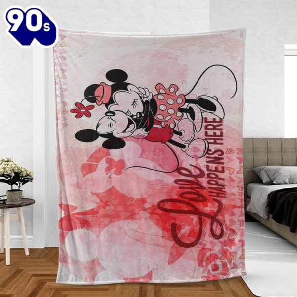 Mickey and Minnie Disney Fan Gift, Valentine’s Day Gift, Love Happens Here Comfy Sofa Throw Blanket Gift