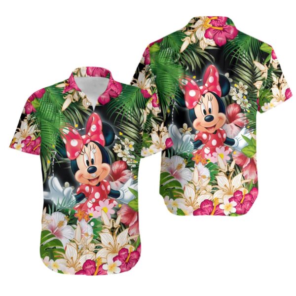 Minnie Mouse Pink Floral Pattern Disney Hawaiian Button Down Shirt Vacation Cartoon Graphic Outfits Men Women Youth Kids