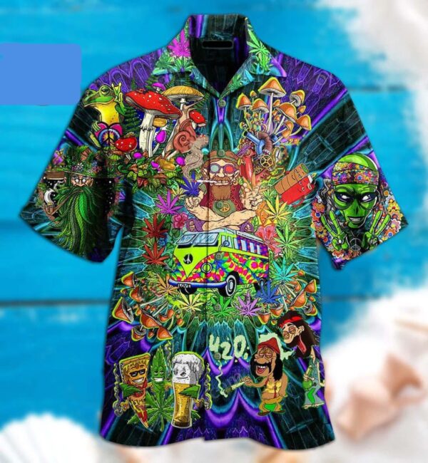 Mushroom Alien Bus Everything 3d Hippie Hawaiian Shirt- Beachwear For Men – Gifts For Young Adults