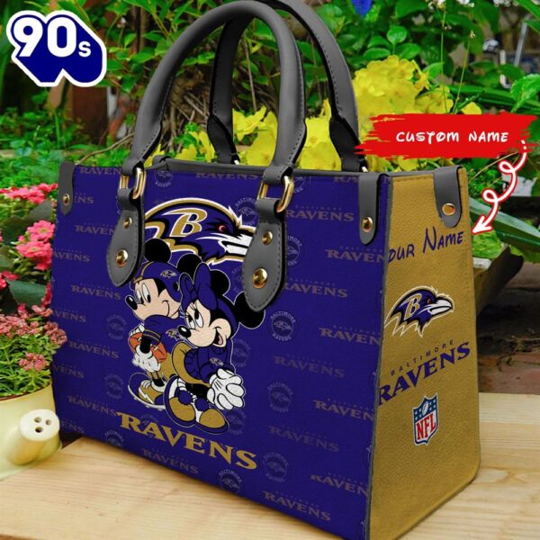NFL Baltimore Ravens Mickey And Minnie Women Leather Hand Bag