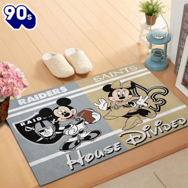 NFL Football Oakland Raiders vs New Orleans Saints Mickey And Minnie Teams NFL House Divided Doormat