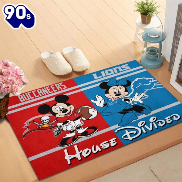 NFL Football Tampa Bay Buccaneers vs Detroit Lions Mickey And Minnie Teams NFL House Divided Doormat
