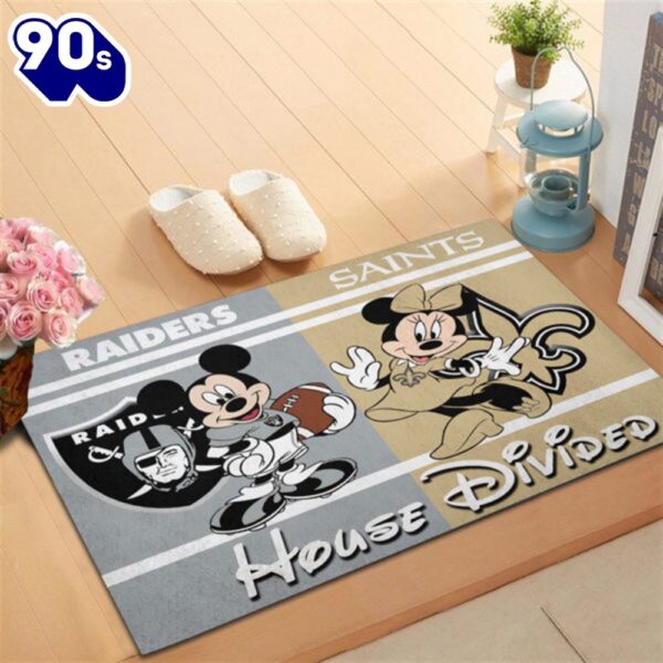 Oakland Raiders vs New Orleans Saints Mickey And Minnie Teams NFL House Divided Doormat