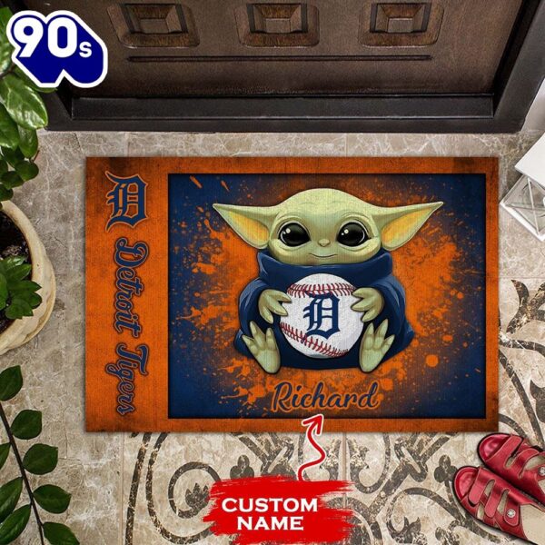 Personalized Detroit Tigers Baby Yoda Holding Baseball All Over Print 3D Doormats – Blue Orange-TPH