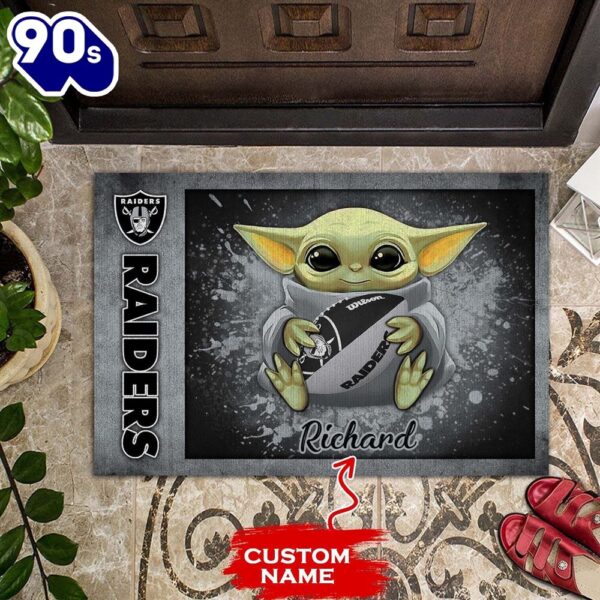 Personalized Las Vegas Raiders Baby Yoda Holding Rugby Ball All Over Print 3D Doormats – Black Grey-TPH