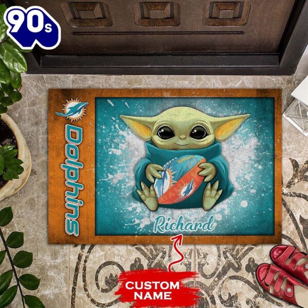 Personalized Miami Dolphins Baby Yoda All Over Print 3D Doormats – Blue Orange-TPh