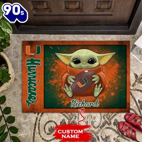 Personalized Miami Hurricanes Baby Yoda All Over Print 3D Doormats-TPh