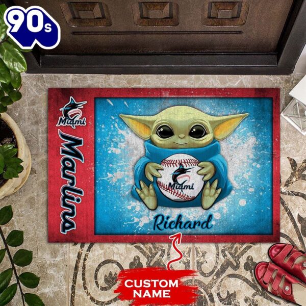 Personalized Miami Marlins Baby Yoda Holding Baseball All Over Print 3D Doormats – Blue Red-TPh