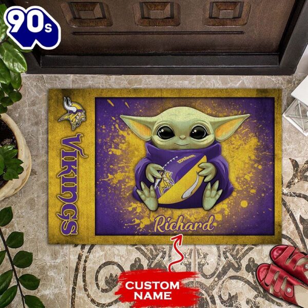 Personalized Minnesota Vikings Baby Yoda Holding Rugby Ball All Over Print 3D Doormats – Purple Yellow-TPH