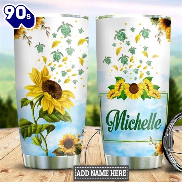 Personalized Sunflower Hippie Gnome Flying Turtle Tumbler