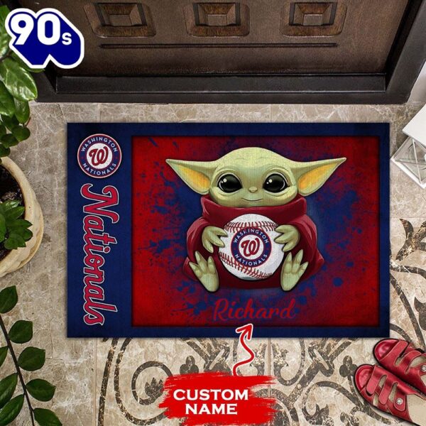 Personalized Washington Nationals Baby Yoda Holding Baseball All Over Print 3D Doormats – Red Blue_TPH