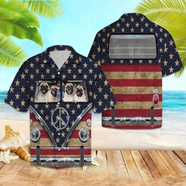 Pug Flag Bus Hippie Hawaiian Shirt – Beachwear For Men – Gifts For Young Adults