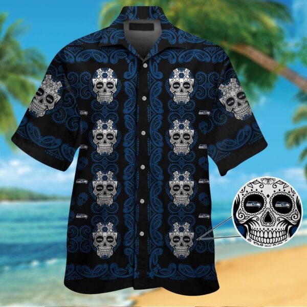 Seattle Seahawksskull Short Sleeve Button Up Tropical Hawaiian Shirt