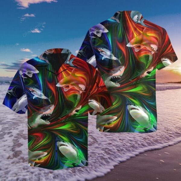 Shark Colorful Unique Design Hippie Hawaiian Shirt – Beachwear For Men – Gifts For Young Adults