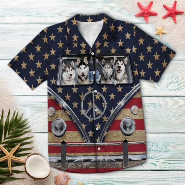 Siberian Husky Flag Bus Hippie Hawaiian Shirt – Beachwear For Men – Gifts For Young Adults