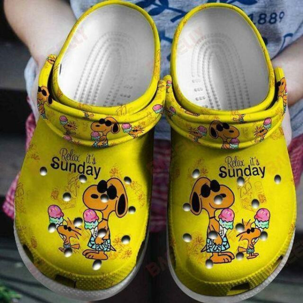 Snoopy Relax It’s Sunday Yellow Crocs Crocband Clog Comfortable Water Shoes
