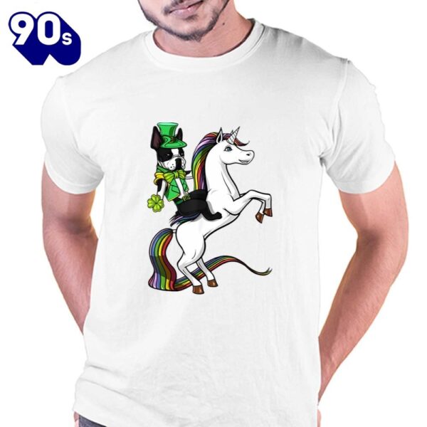 St Patricks Day Boston Terrier Dog Riding Unicorn T-Shirt