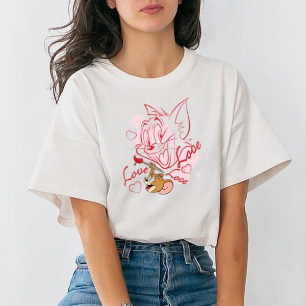 Tom And Jerry Love Sketch Women’s White Short Sleeve Crew Neck Tee