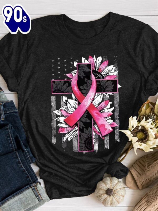 US Flag And Cross Flower Pink Ribbon – Breast Cancer Awareness Shirt