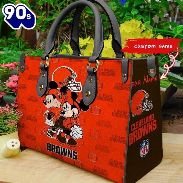 Cleveland Browns Mickey And Minnie Women Leather Hand Bag