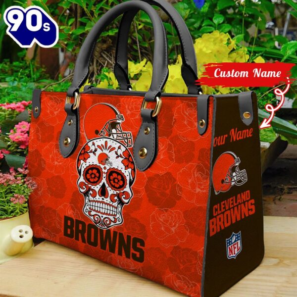 Cleveland Browns NFL Team Sugar Skull Women Leather Hand Bag
