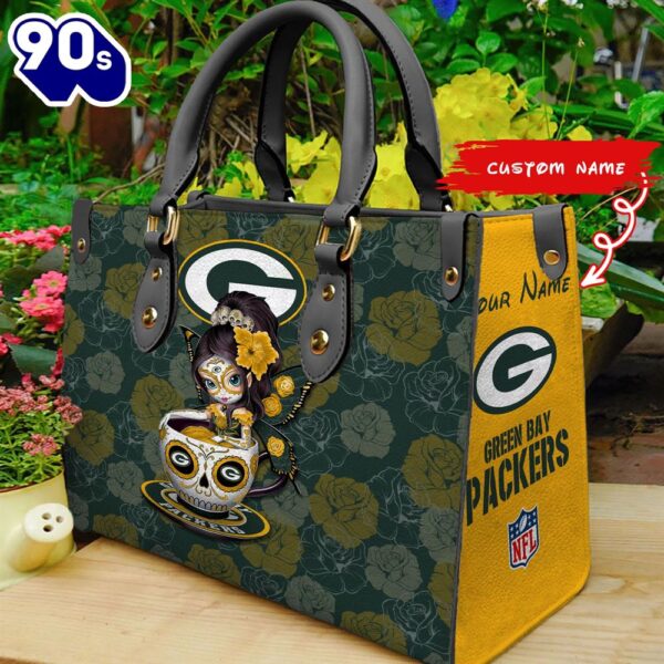 Green Bay Packers Sugar Skull Girl Women Leather Hand Bag