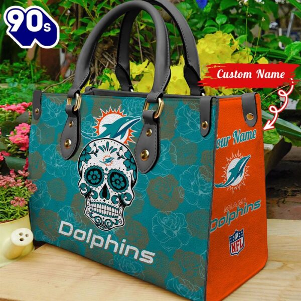 Miami Dolphins NFL Team Sugar Skull Women Leather Hand Bag