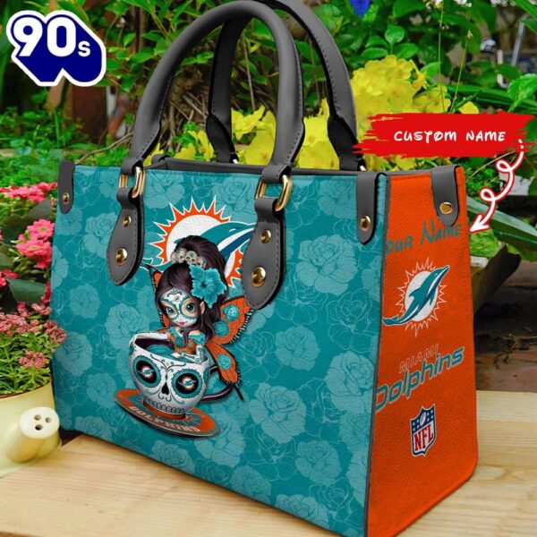 Miami Dolphins Sugar Skull Girl Women Leather Hand Bag