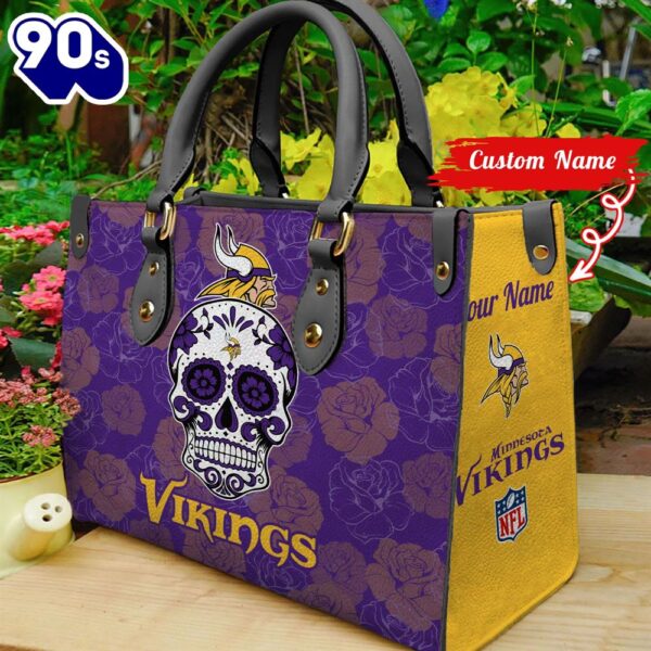 Minnesota Vikings NFL Team Sugar Skull Women Leather Hand Bag